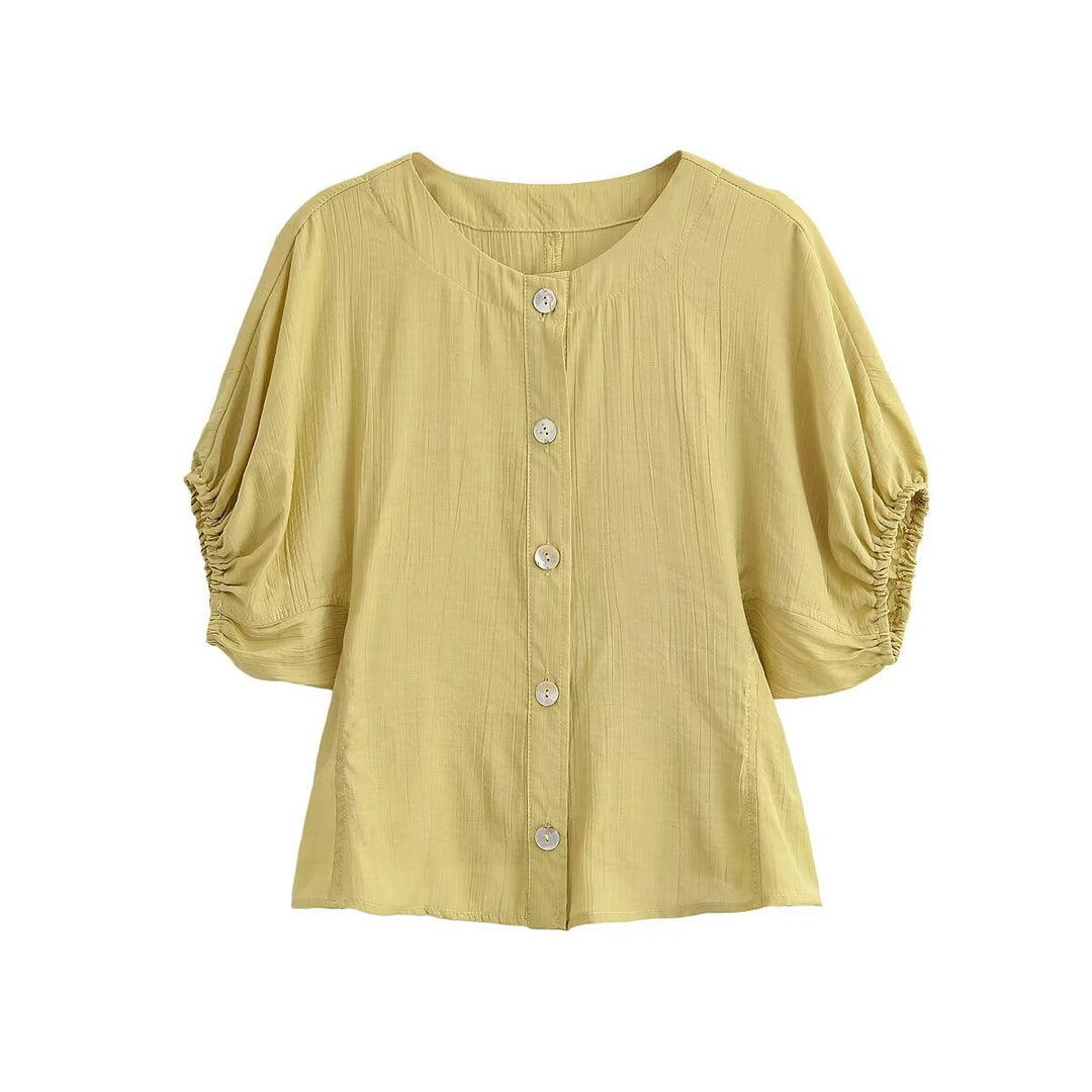 Damen Leichtes Crinkle-Blusen-Shirt mit Knopfleiste und gerafften Ballonärmeln Nord Taschen