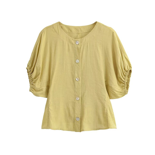 Damen Leichtes Crinkle-Blusen-Shirt mit Knopfleiste und gerafften Ballonärmeln Nord Taschen