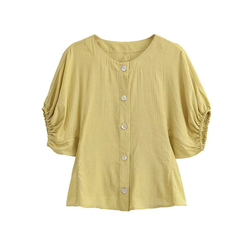 Damen Leichtes Crinkle-Blusen-Shirt mit Knopfleiste und gerafften Ballonärmeln Nord Taschen
