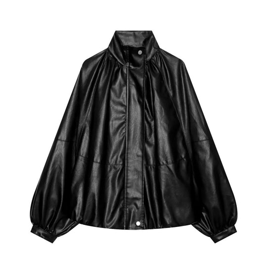 Damen Glänzender Cropped Blouson aus Kunstleder mit hohem Stehkragen und voluminösen Ballonärmeln Nord Taschen