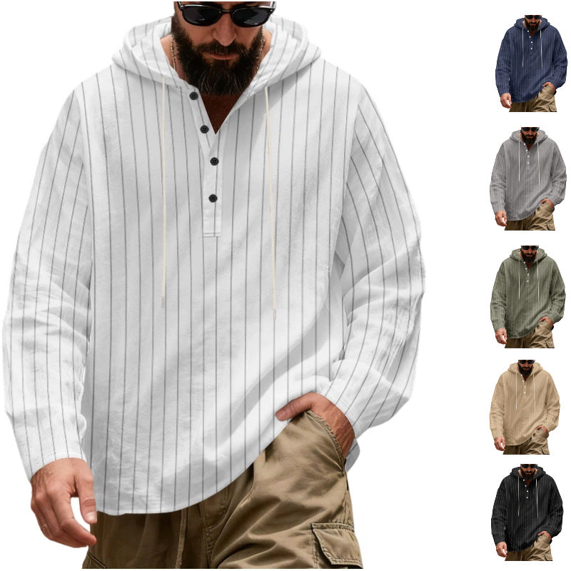 Herren Lässiges Kapuzen-Henleyshirt mit feinen Nadelstreifen und Knopfleiste Nord Taschen