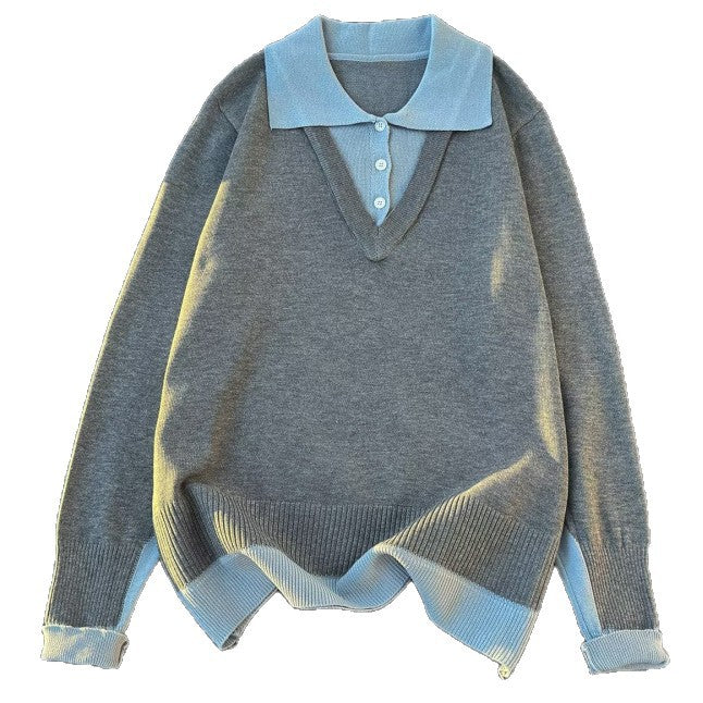 Damen Oversized Polo-Feinstrickpullover mit Kontrastkragen und geripptem Saum Nord Taschen