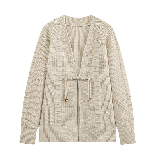 Damen Grobstrick-Cardigan mit Tunnelzug und Strassapplikation Nord Taschen