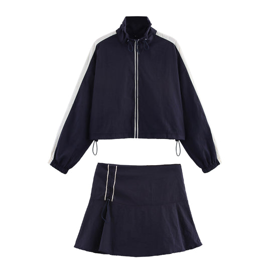Damen Cropped Windbreaker-Jacke mit hohem Kragen, Tunnelzug und Kontraststreifen Nord Taschen