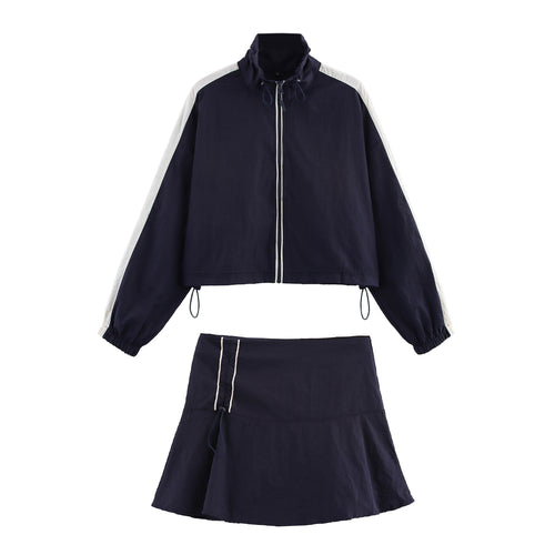 Damen Cropped Windbreaker-Jacke mit hohem Kragen, Tunnelzug und Kontraststreifen Nord Taschen