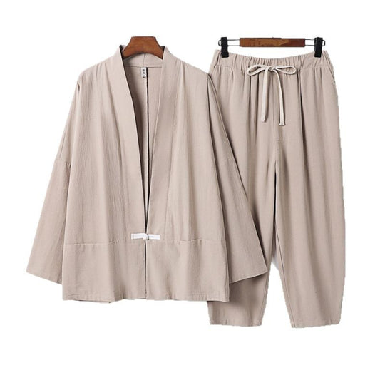 Unisex Lässiges Kimono-Loungewear-Set aus leichtem Leinenmix mit Kordelbundhose Nord Taschen