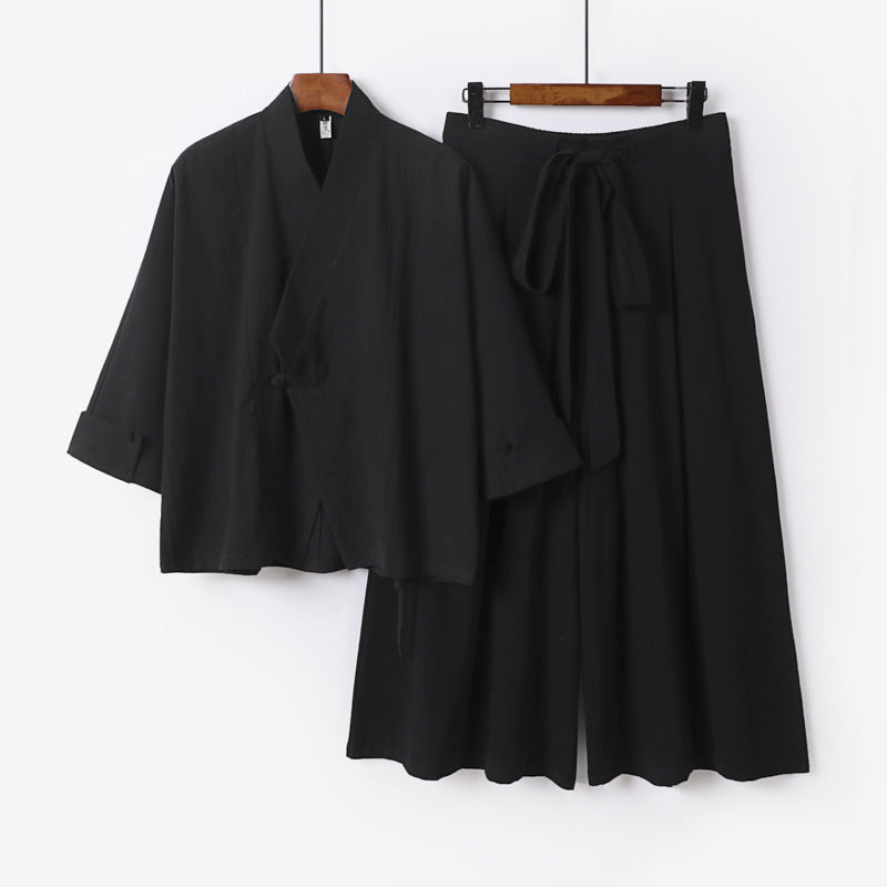 Damen Leichtes Kimono-Loungewear-Set mit V-Ausschnitt dreiviertelärmeln und weiten Palazzo-Hosen Nord Taschen