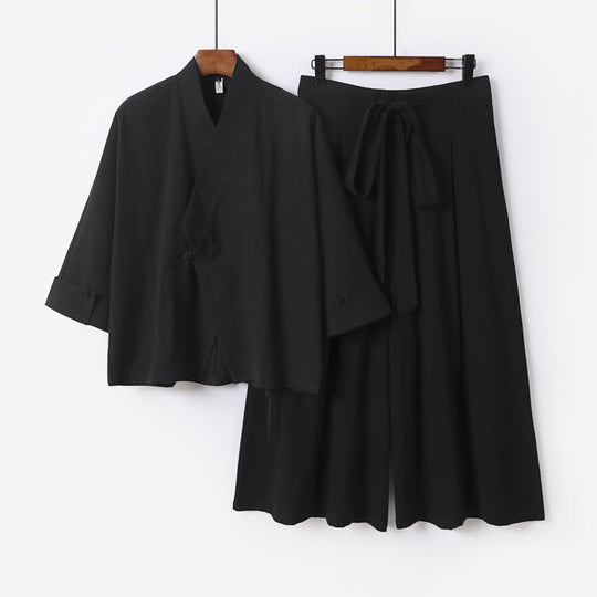Damen Leichtes Kimono-Loungewear-Set mit V-Ausschnitt dreiviertelärmeln und weiten Palazzo-Hosen Nord Taschen
