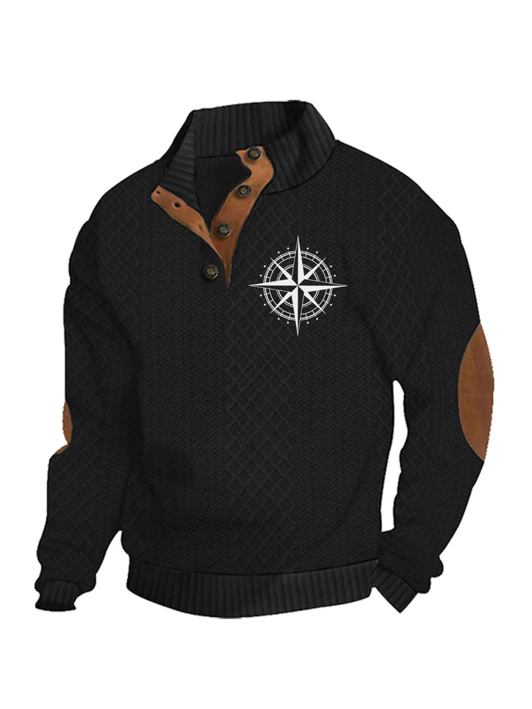 Herren nan Heritage-Strukturpullover mit Stehkragen Lederimitat-Besatz Ellenbogen-Patches und Halbknopfleiste