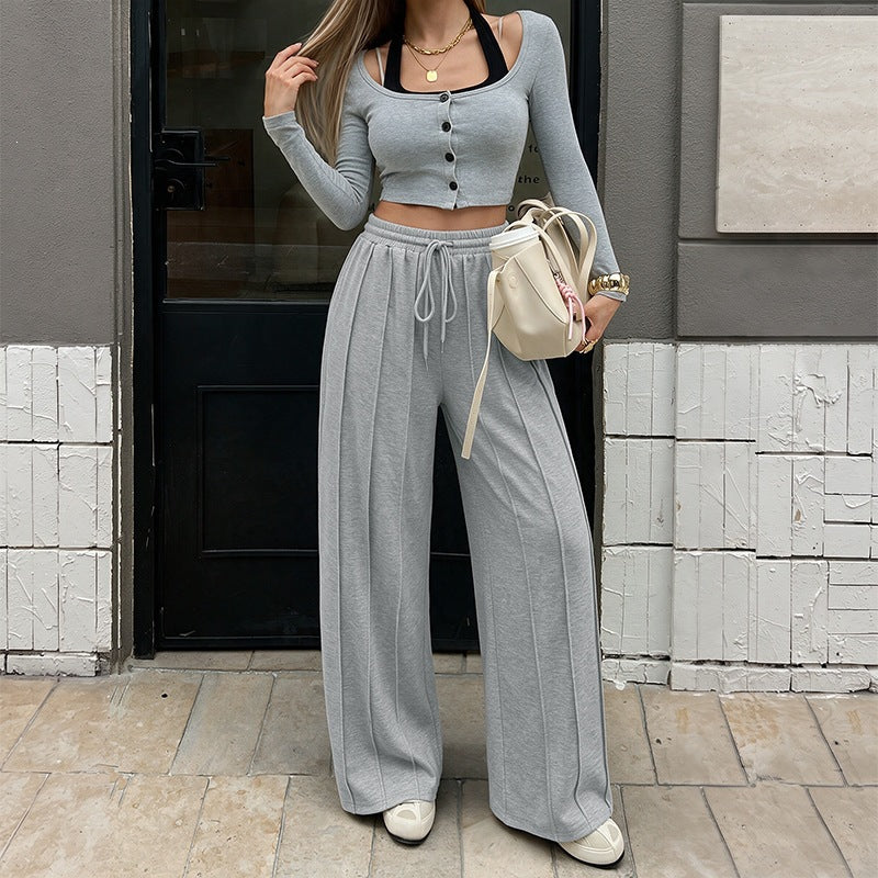 Damen Weite High‑Waist Loungewear-Hose mit Bügelfalten und Tunnelzug Nord Taschen