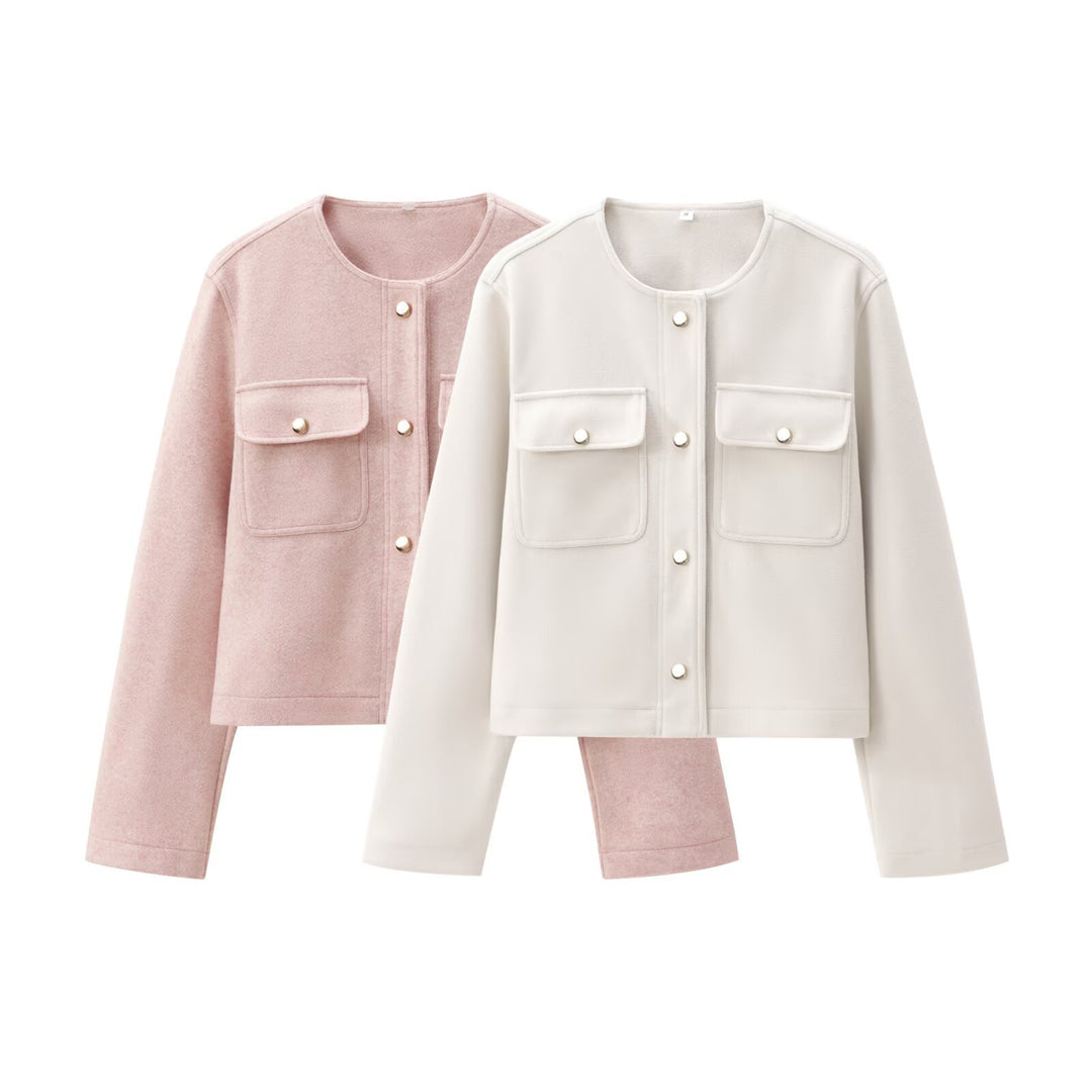 Damen Cropped Wollmix‑Jacke im Boxy‑Schnitt mit Rundhalsausschnitt und Zierdruckknöpfen Nord Taschen