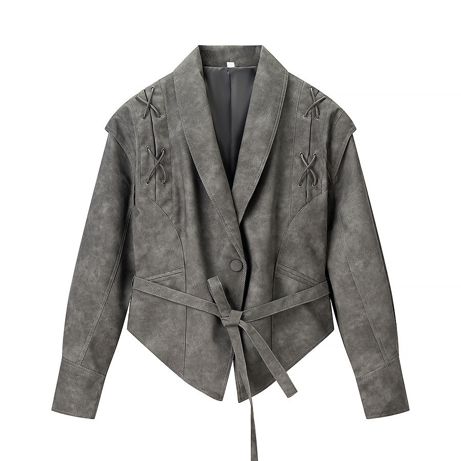 Damen Kurzjacke aus Veloursoptik mit Wickelgürtel und Schnürdetail Nord Taschen