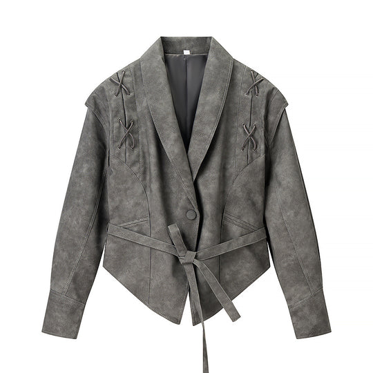 Damen Kurzjacke aus Veloursoptik mit Wickelgürtel und Schnürdetail Nord Taschen