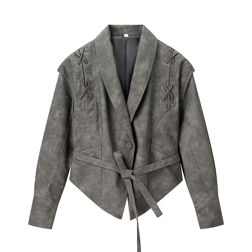 Damen Kurzjacke aus Veloursoptik mit Wickelgürtel und Schnürdetail Nord Taschen
