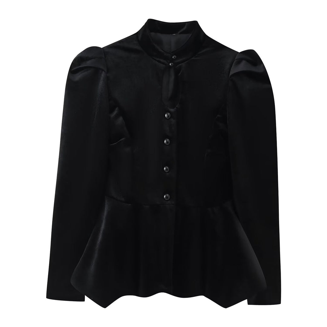 Damen Satinbluse mit Stehkragen, Puffärmeln und Peplum-Details Nord Taschen