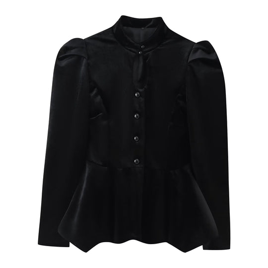 Damen Satinbluse mit Stehkragen, Puffärmeln und Peplum-Details Nord Taschen