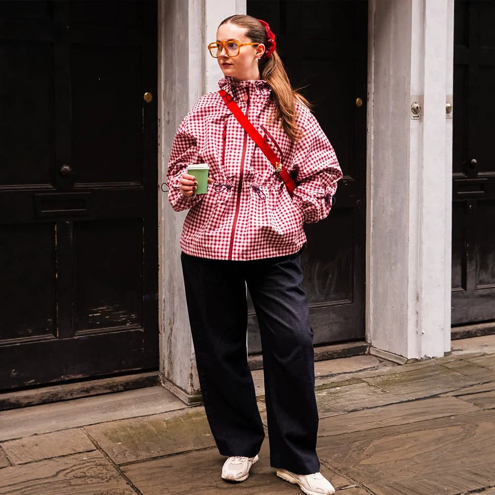 Damen Karo-Windbreaker mit Taillenzug, Kapuze und Reißverschluss Nord Taschen