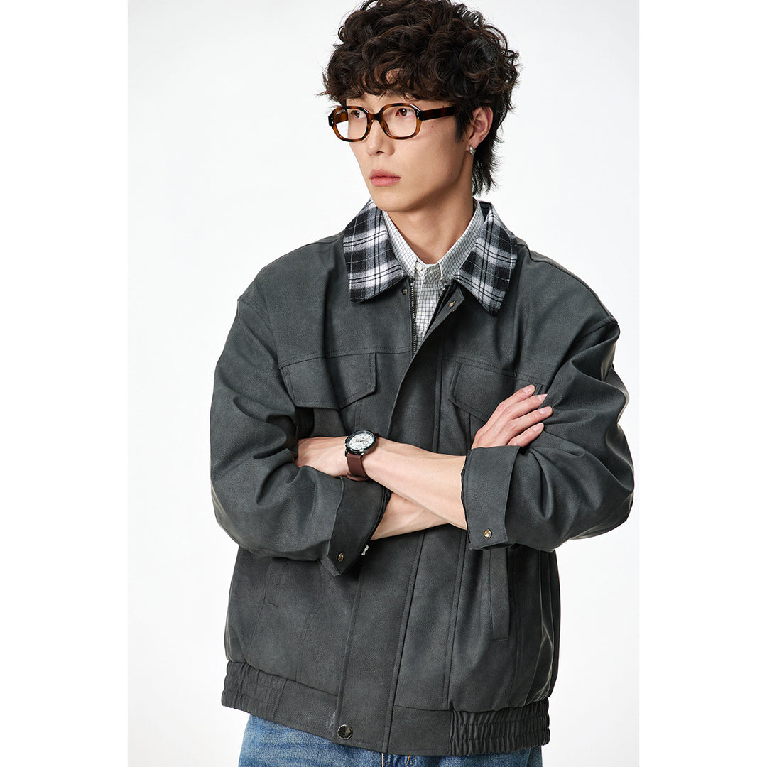 Herren Boxy Kunstleder‑Blouson mit kariertem Umlegekragen und Pattentaschen Nord Taschen
