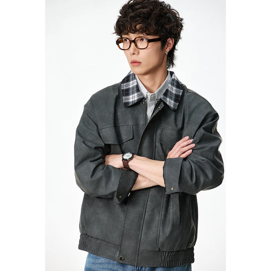 Herren Boxy Kunstleder‑Blouson mit kariertem Umlegekragen und Pattentaschen Nord Taschen