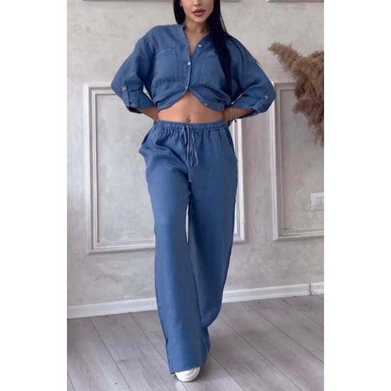 Damen Weite Leinenmix-Hose mit hohem Elastikbund, Kordelzug und Palazzo-Silhouette Nord Taschen