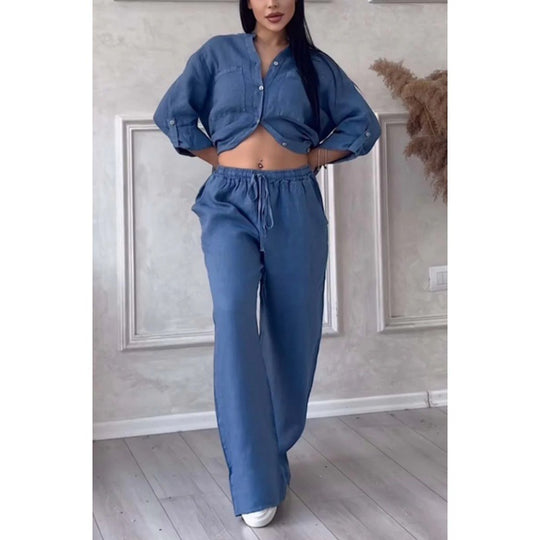 Damen Weite Leinenmix-Hose mit hohem Elastikbund, Kordelzug und Palazzo-Silhouette Nord Taschen