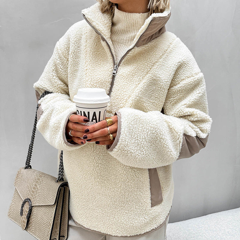 Damen Oversized Sherpa-Fleece Pullover mit halbem Reißverschluss und Kängurutasche Nord Taschen