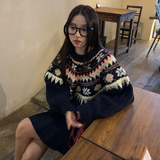 Damen Modischer Grobstrickpullover mit Norweger-Muster Nord Taschen