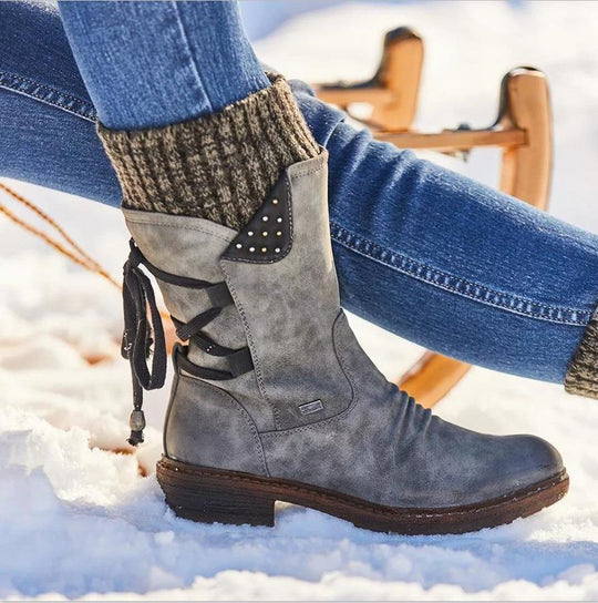 Damen Gefütterte knöchelhohe Winterstiefelette mit Strickmanschette und Zierschnürung Nord Taschen