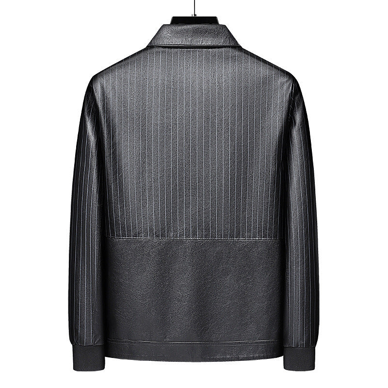 Herren Pinstripe Kunstleder-Truckerjacke mit Druckknopffront und gerippten Bündchen Nord Taschen