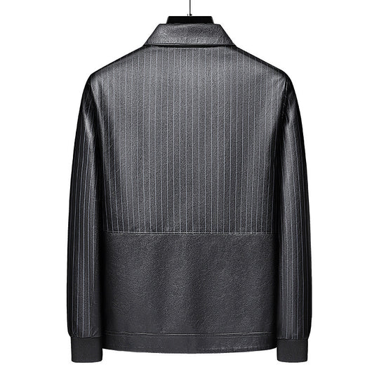 Herren Pinstripe Kunstleder-Truckerjacke mit Druckknopffront und gerippten Bündchen Nord Taschen