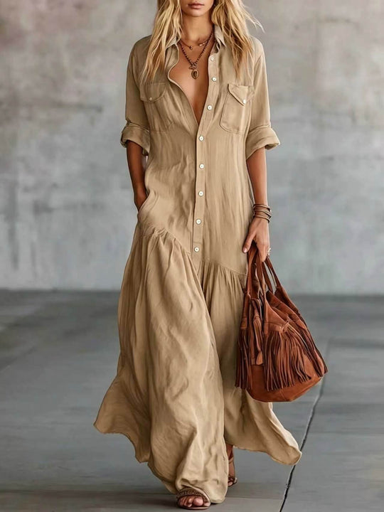Damen Langes fließendes Hemdblusen-Maxikleid mit Knopfleiste, aufgesetzten Brusttaschen und seitlichen Eingrifftaschen Nord Taschen