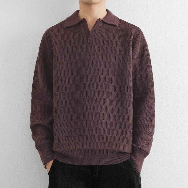 Herren Feinstrick-Polo-Pullover mit Strukturstrick und offenem V-Ausschnitt Nord Taschen