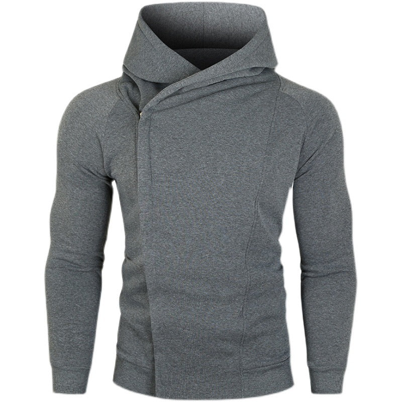 Herren asymmetrischer Kapuzenpullover mit Wickelkragen und verdeckter Knopfleiste, schlanke sportive Passform Nord Taschen