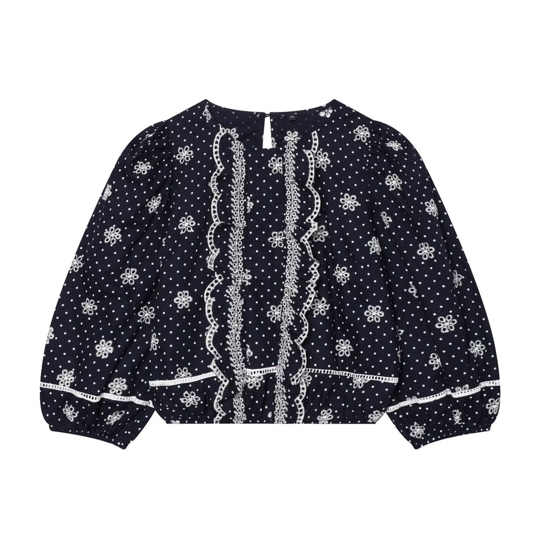 Damen Bestickte Polka-Dot Bluse mit Rüschen und Ballonärmeln Nord Taschen