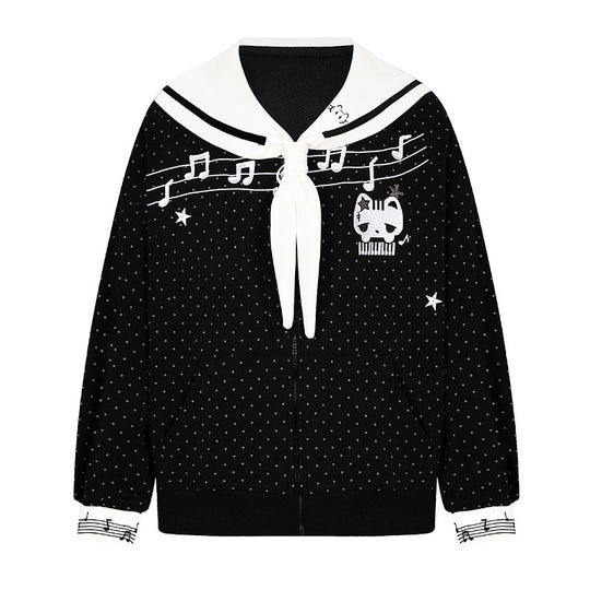 Damen Reißverschluss‑Sweatjacke im Matrosenstil mit Schleifenkragen, Polka‑Dot und Musikmotiv Nord Taschen