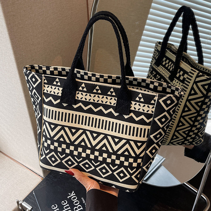 Damen Jute-Tragetasche mit modernem grafischen Design und stabilen Griffen Nord Taschen