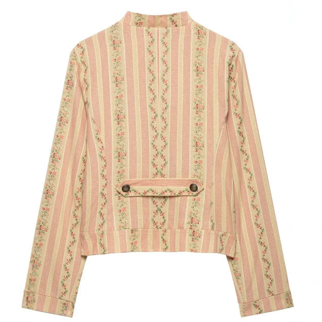 Damen Kurzjacke im Vintage-Streifen- und Blumenmuster mit Stehkragen und dekorativer Knopfleiste Nord Taschen