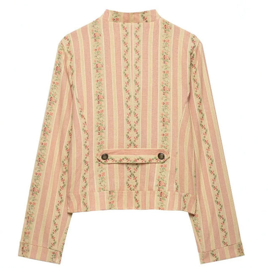 Damen Kurzjacke im Vintage-Streifen- und Blumenmuster mit Stehkragen und dekorativer Knopfleiste Nord Taschen