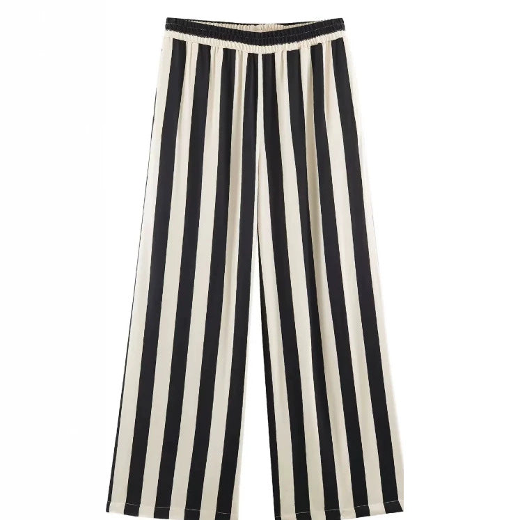 Damen Weite High‑Waist Palazzohose mit vertikalem Streifenmuster und elastischem Bund Nord Taschen
