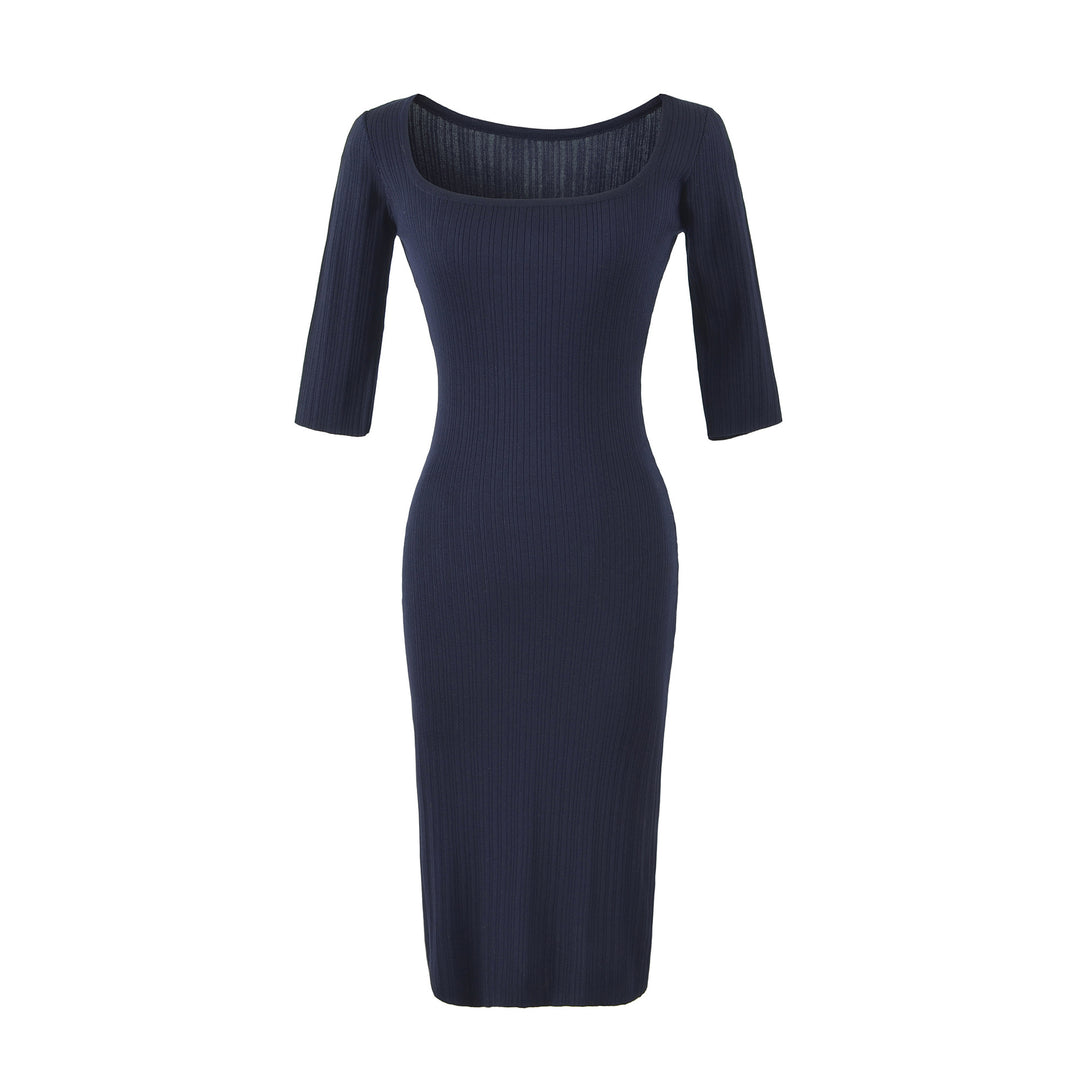 Damen Geripptes Midikleid mit quadratischem Ausschnitt und dreiviertelärmeln Nord Taschen