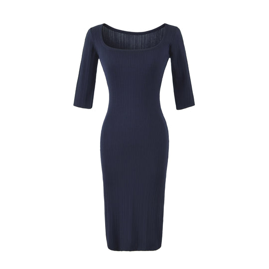 Damen Geripptes Midikleid mit quadratischem Ausschnitt und dreiviertelärmeln Nord Taschen