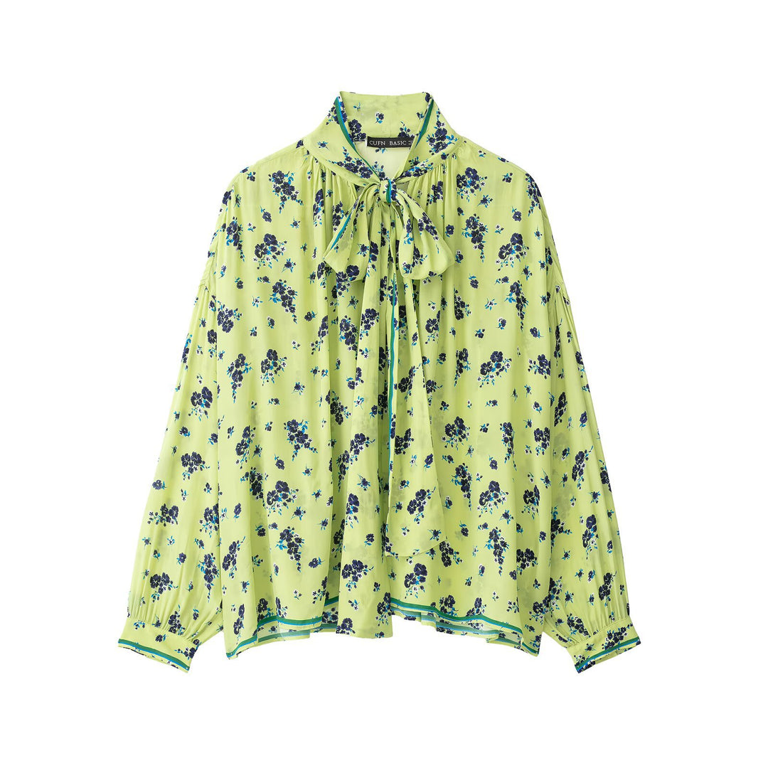 Damen Geblümte Chiffonbluse mit Schleifenkragen und Ballonärmeln Nord Taschen
