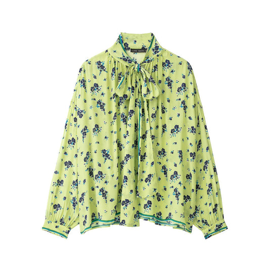 Damen Geblümte Chiffonbluse mit Schleifenkragen und Ballonärmeln Nord Taschen