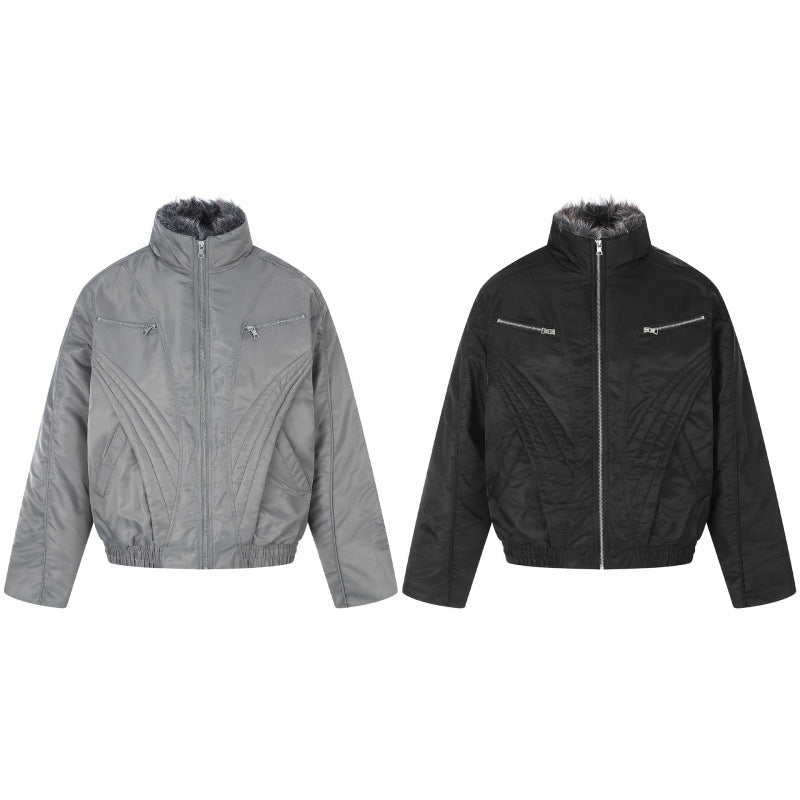 Herren Kurzjacke im Retro-Pufferstil mit hochschließendem Kunstfellkragen und dekorativer Wellensteppung Nord Taschen