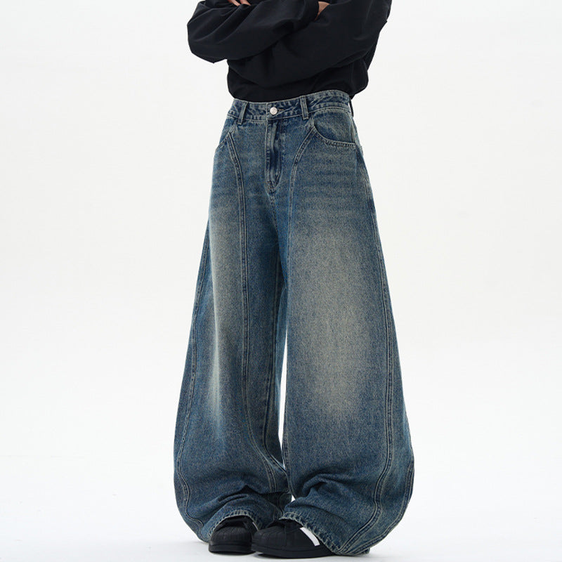 Damen Ultraweite hochgeschnittene Jeans-Palazzohose aus Vintage-Jeansstoff mit tiefem Schritt und skulpturaler Nahtführung Nord Taschen