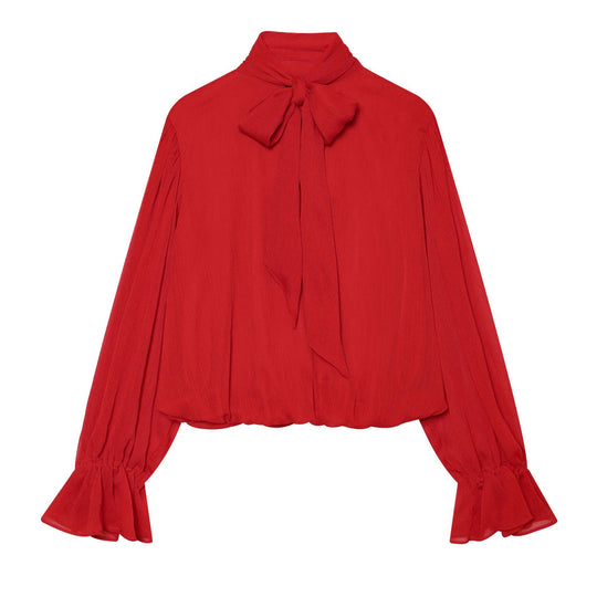 Damen Schlupfbluse mit Schleifenkragen, plissierten Volantärmeln und elastischem Saum Nord Taschen