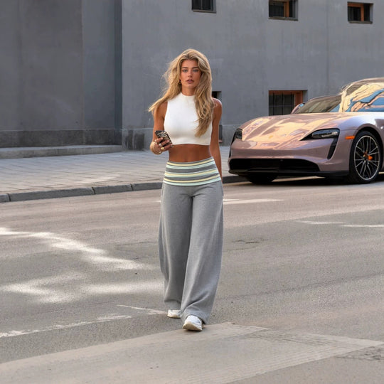 Damen weite hochgeschnittene Lounge-Hose mit gefaltetem Bund und fließender Jersey-Qualität Nord Taschen