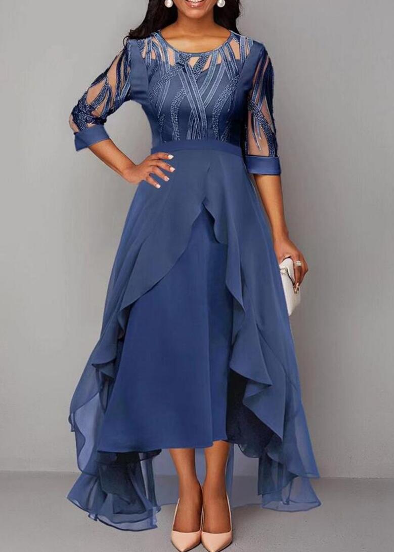 Damen nan edles Chiffon-Abendkleid mit besticktem Tülloberteil, Dreiviertelärmeln und asymmetrischem Stufen-Saum Nord Taschen