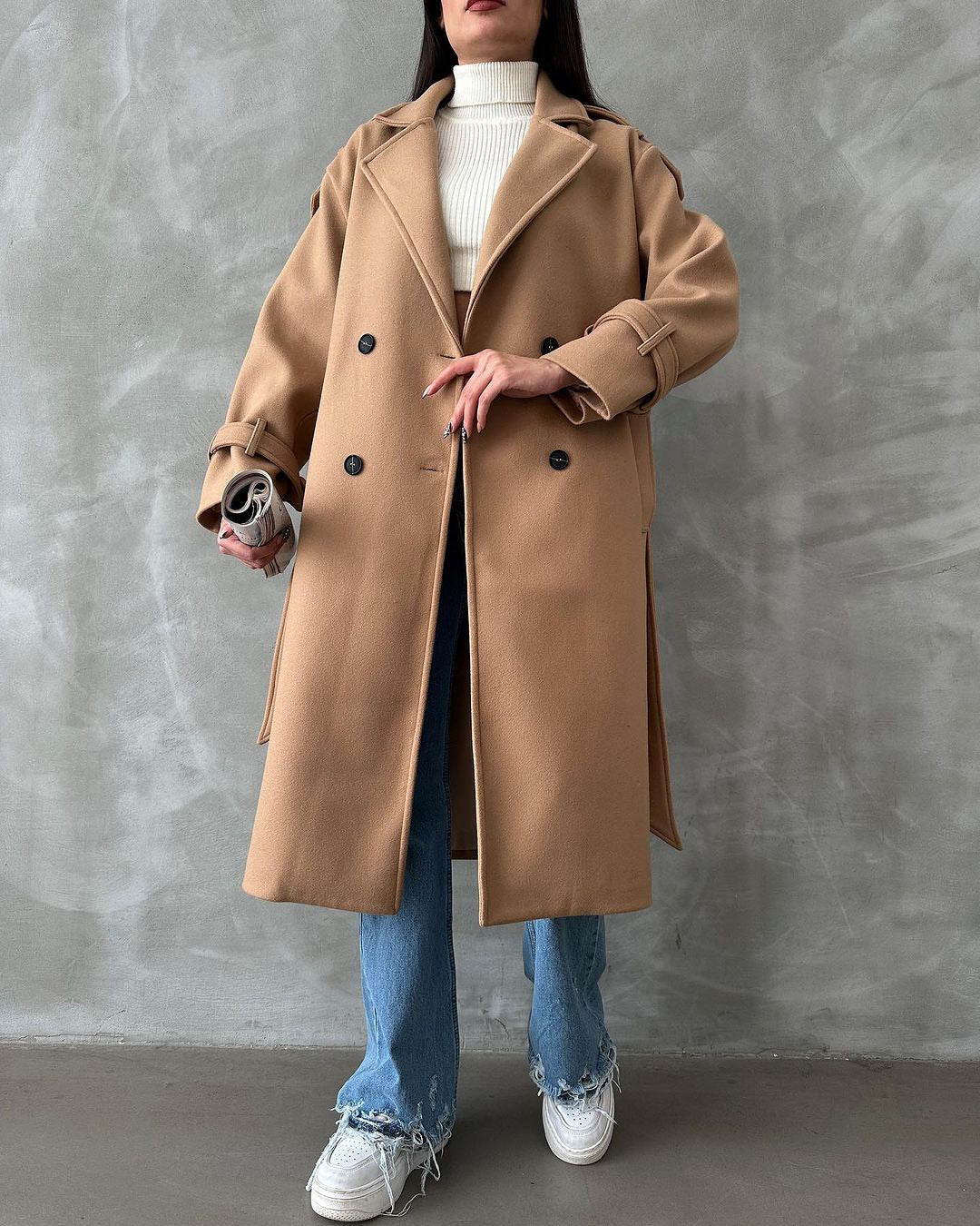 Damen Oversize Wollmix-Mantel mit doppelreihiger Knopfleiste und Taillengürtel Nord Taschen