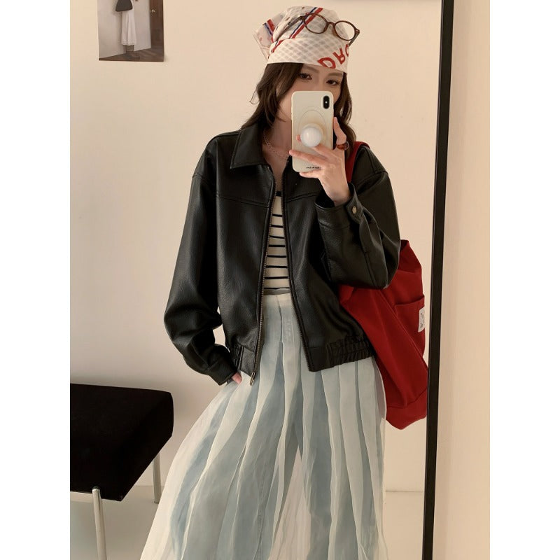Damen Oversized Kunstleder Bomberjacke mit Reißverschluss Nord Taschen